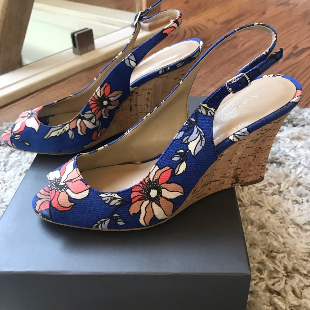 Ann Taylor women’s wedge heels, blue and pink floral, size 7